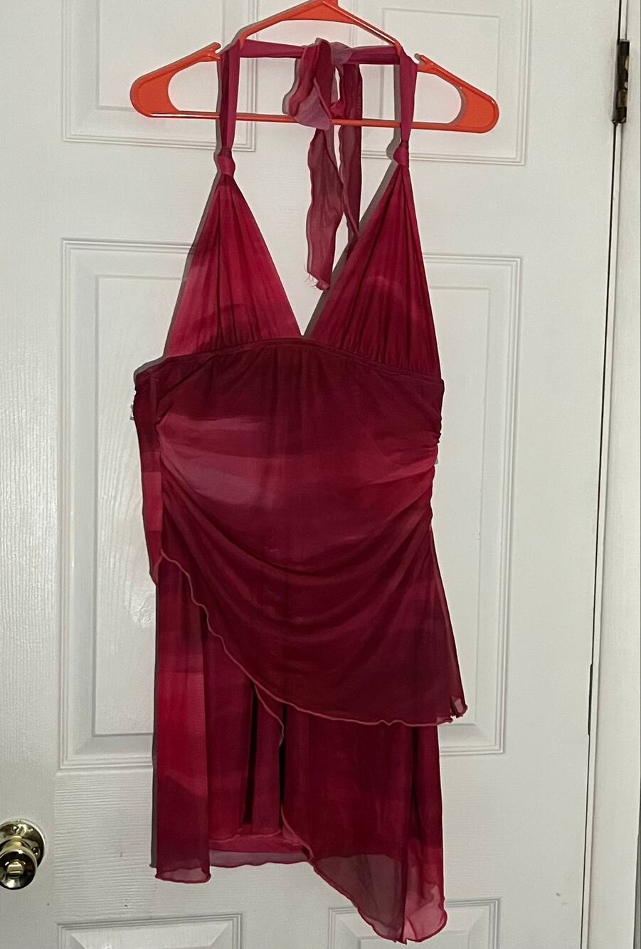 Women's Berry Pink Halter Bodycon Mini Dress | Mesh Ruched Open Back | Size L
